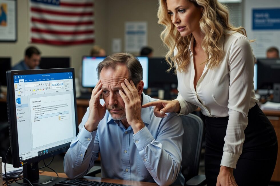Microsoft 365 apps including Word and Excel on a computer screen, malicious document file icon, cybersecurity warning symbols, rural home office desk setup with keyboard and monitor, no specific people shown.