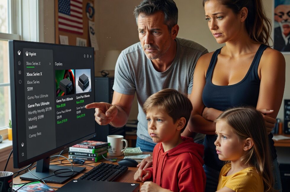 Xbox Series X and S consoles next to Apple iPhone and MacBook products, price increase labels or tags visible, Microsoft and Apple logos, retail or home setting with tech devices