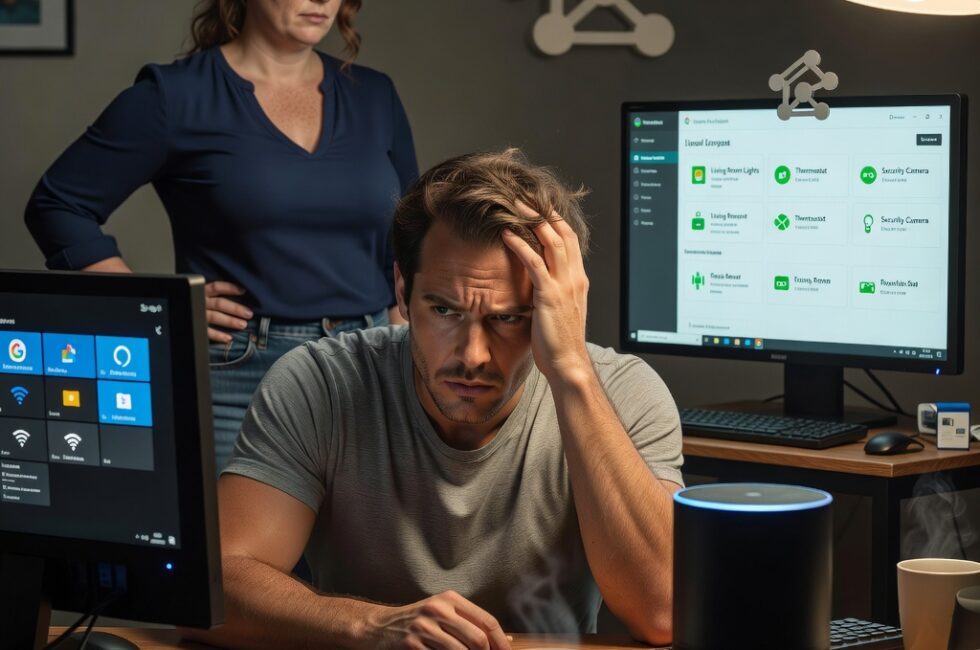 Person in a rural Maine home setting up Home Assistant on a desktop computer connected to smart lights, thermostat, and sensors. Screen shows local dashboard. No cloud service logos visible. Focus on hardware, cables, and device connections indoors.