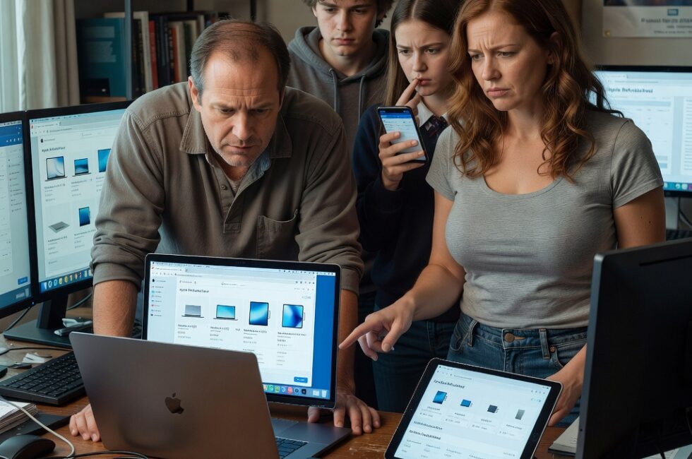 Apple logo, various MacBook and iPad devices on a clean retail display table, price tags showing increases, modern electronics store setting, neutral lighting, focus on refurbished product section.