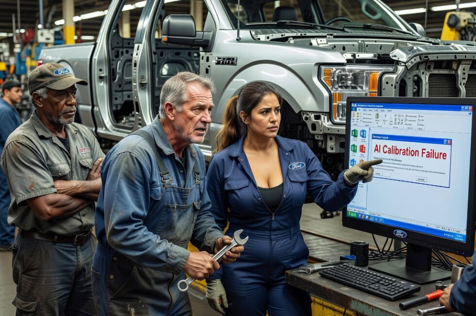 Ford company, AI software systems, experienced manufacturing workers on assembly line, automotive factory setting, failed AI automation attempt, human oversight of machines, rural Maine viewer perspective on tech story