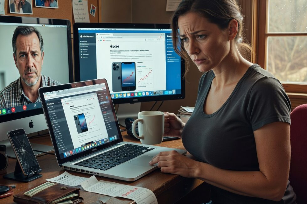Apple company logo, rising price tags on devices like iPhone and MacBook, supply chain icons, simple chart showing cost increases, neutral office or retail setting, no people visible