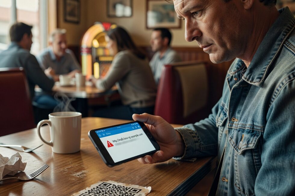 A smartphone scanning a QR code sticker on a restaurant table, with a warning alert on the screen showing a suspicious URL, in a casual everyday setting.