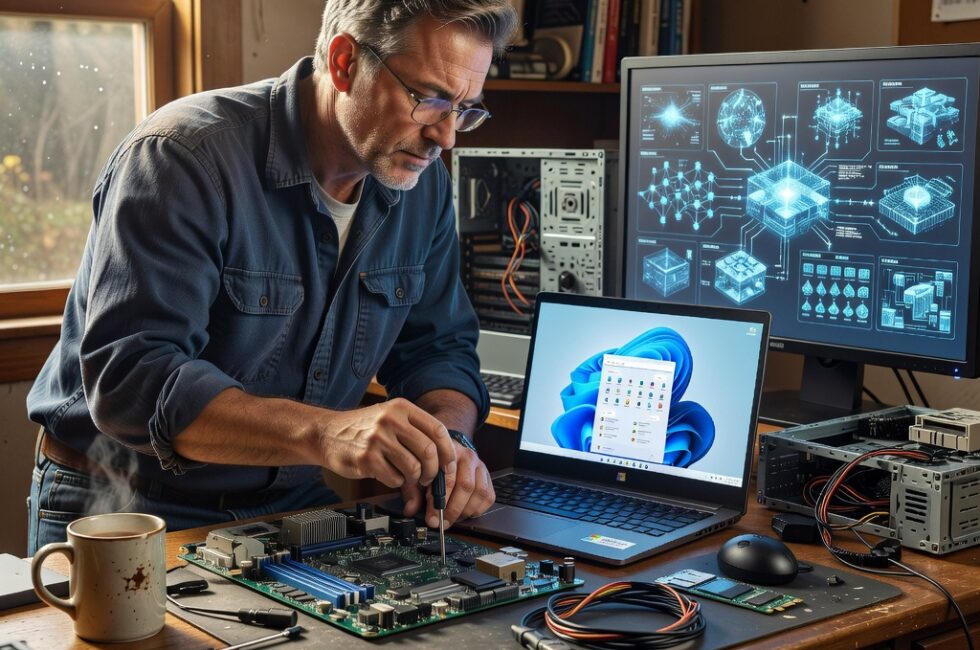 Microsoft logo, Windows 11 desktop interface on laptop screen, Insider program badge, futuristic platform diagrams, computer hardware components, rural desk setting with coffee mug