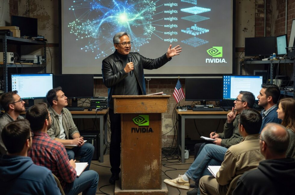 Jensen Huang of Nvidia at a tech conference podium, discussing AI models and open weights, with Nvidia logos and abstract representations of neural network weights in the background.