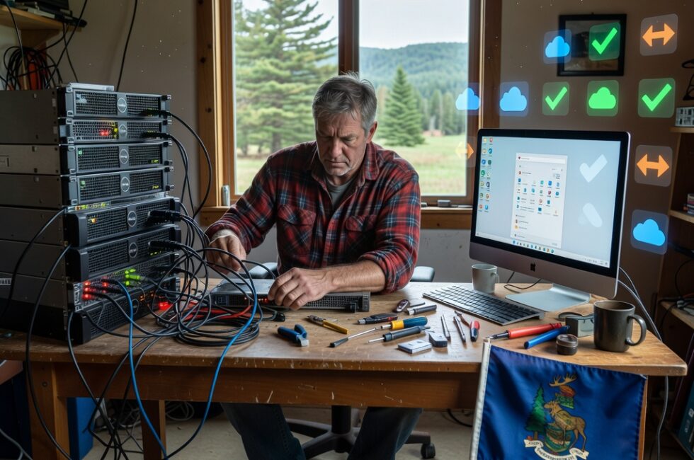 Rural Maine setting with a mid-50s man at a desk working on computer servers and web hosting setup, modern tech icons, simple electronics workspace, natural lighting, no people faces shown clearly.