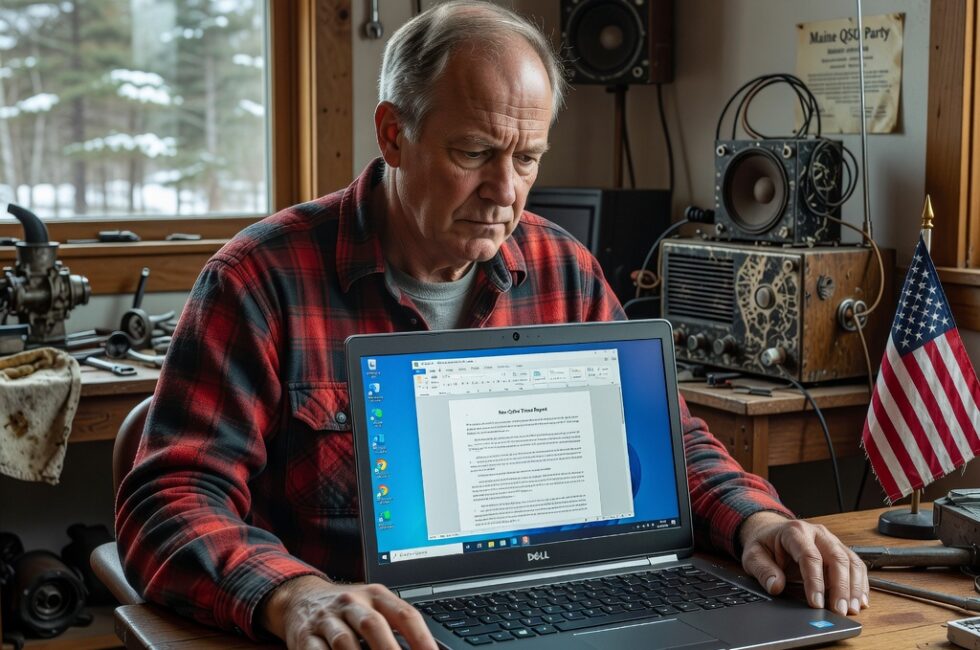 Rural Maine setting with a mid-50s man at a desk using a laptop, showing a cybersecurity report on screen, simple home office with ham radio equipment and car parts in background, neutral lighting, realistic style