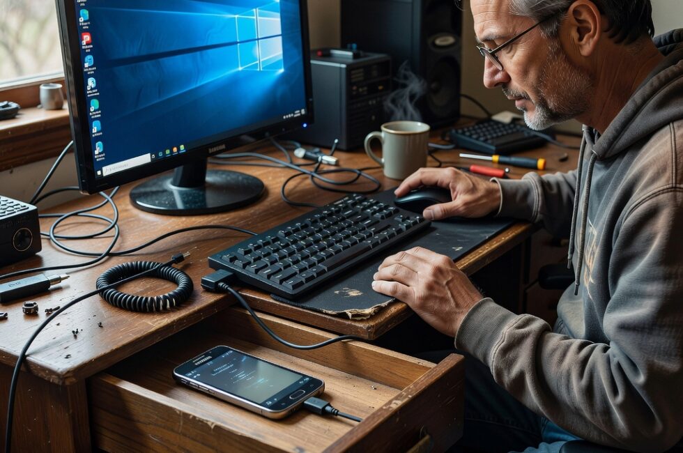 An older Samsung Galaxy smartphone connected via USB-C cable to an HDMI adapter, plugged into a monitor displaying a desktop interface, with a wireless keyboard and mouse nearby on a wooden desk in a home setting.