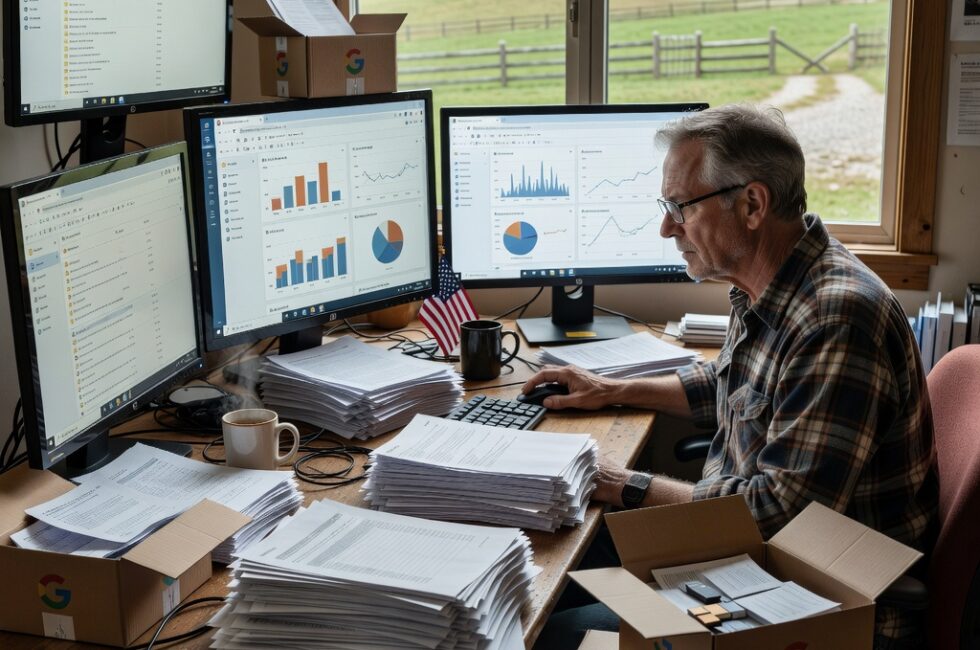 Man at computer desk querying large dataset from Google Takeout files, multiple screens showing data visualizations and search results, stacks of printed documents, rural home office setting with coffee mug and countryside visible through window.