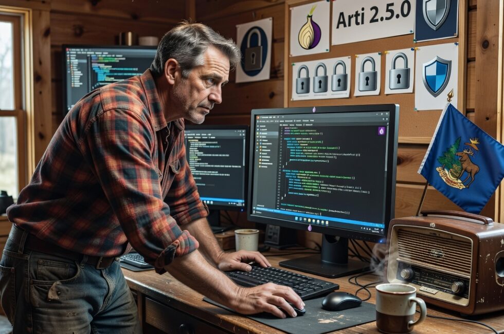 Tor project logo, Arti 2.5.0 version text, encryption lock icons, security shield symbols, computer terminal showing code updates, rural Maine style desk with coffee mug and old radio in background