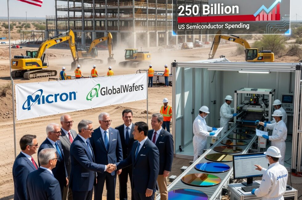 Micron and GlobalWafers representatives at Texas semiconductor wafer manufacturing plant site, silicon wafers on production line, factory construction, US investment announcement graphics showing 500 million and 250 billion figures, American industrial setting
