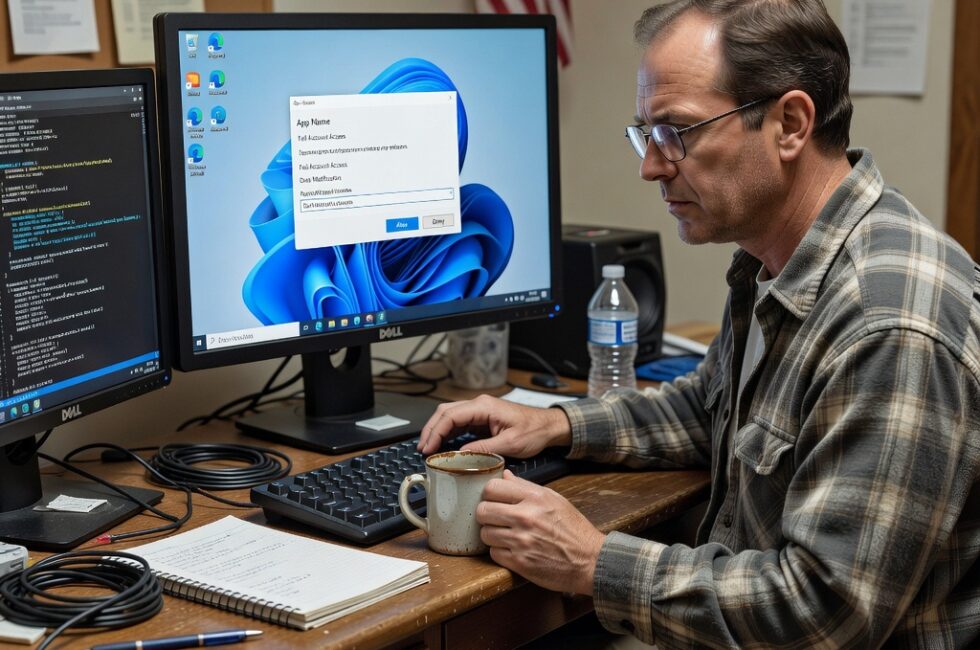 Computer screen displaying an OAuth app authorization prompt requesting broad permissions, simple rural home office desk with coffee mug and keyboard, neutral lighting.