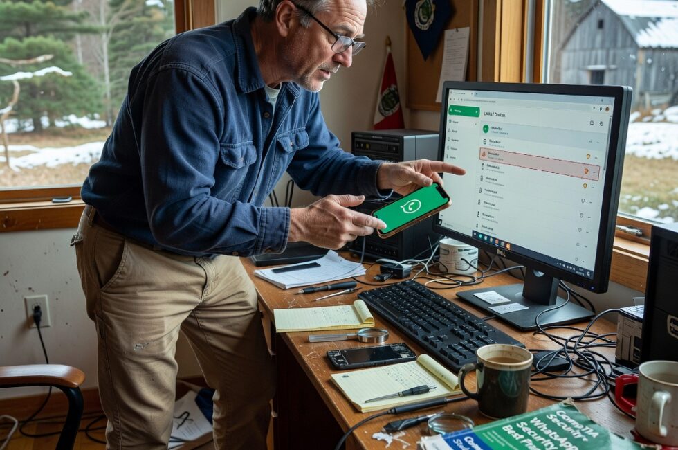 Smartphone screen showing WhatsApp linked devices list with unknown device highlighted, rural Maine home office background, neutral lighting, focus on app interface and security warning icons