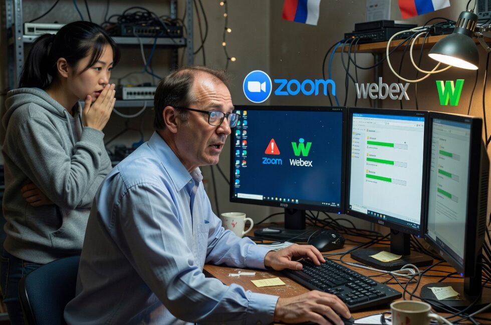 Russian hackers, trojanized Webex and Zoom apps, Starland malware delivery, video conferencing software icons, download links on computer screen, cybersecurity threat illustration, no specific people or locations shown.