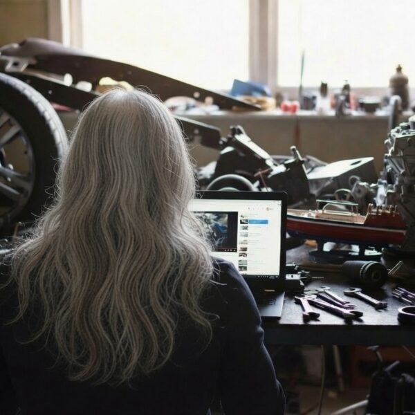 Man with long salt-and-pepper hair sitting at a cluttered garage workbench watching YouTube on a laptop, surrounded by car parts, tools, a model rocket, and a model boat