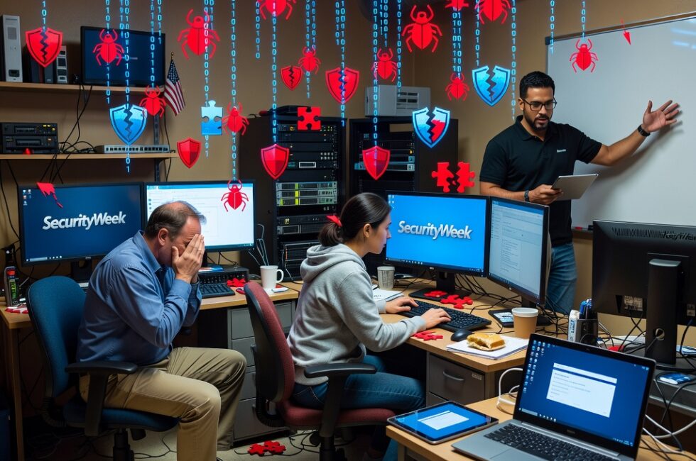 AI systems scanning lines of computer code for security flaws, overflowing digital vulnerability reports, broken traditional software patch icons, cybersecurity analysts at desks overwhelmed by alerts, abstract flood of bug symbols drowning patch tools, modern office and home device screens showing update warnings, SecurityWeek technology news context