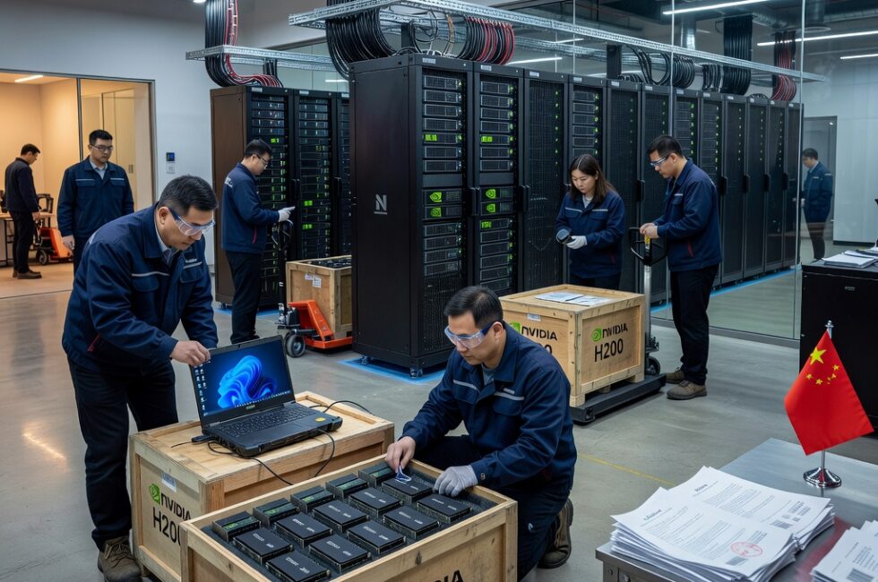 Nvidia H200 GPU server racks and chip packages arriving at ByteDance and Tencent facilities in China, Beijing policy documents loosening import restrictions, modern Chinese tech data centers, AI hardware shipping crates with Nvidia branding, 2024-2025 timeframe, corporate tech campuses