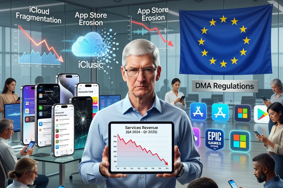 Apple Inc. CEO Tim Cook, iPhone devices, App Store interface, iCloud storage, Apple Music app, European Union flag and DMA regulations, alternative app marketplace icons, declining services revenue charts, everyday users on smartphones at home and work, 2024-2025 timeframe.