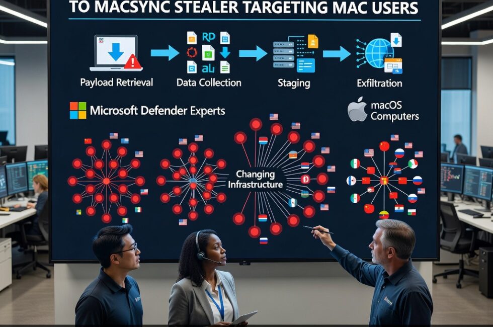 Microsoft Defender Experts linking more than 30 rotating web domains to MacSync Stealer, a macOS information-stealing malware. Correlation of recurring endpoint and network behaviors across changing attacker infrastructure. Malware chain shown as payload retrieval, data collection, staging, and exfiltration. Apple macOS computers and Microsoft security researchers. The Hacker News report, August 2026.