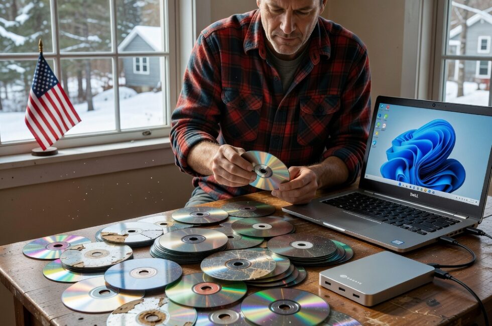 Scattered old compact discs on a wooden table in a rural Maine home, some with visible scratches, peeling labels, and oxidation spots, next to an external hard drive and a laptop, natural indoor lighting.