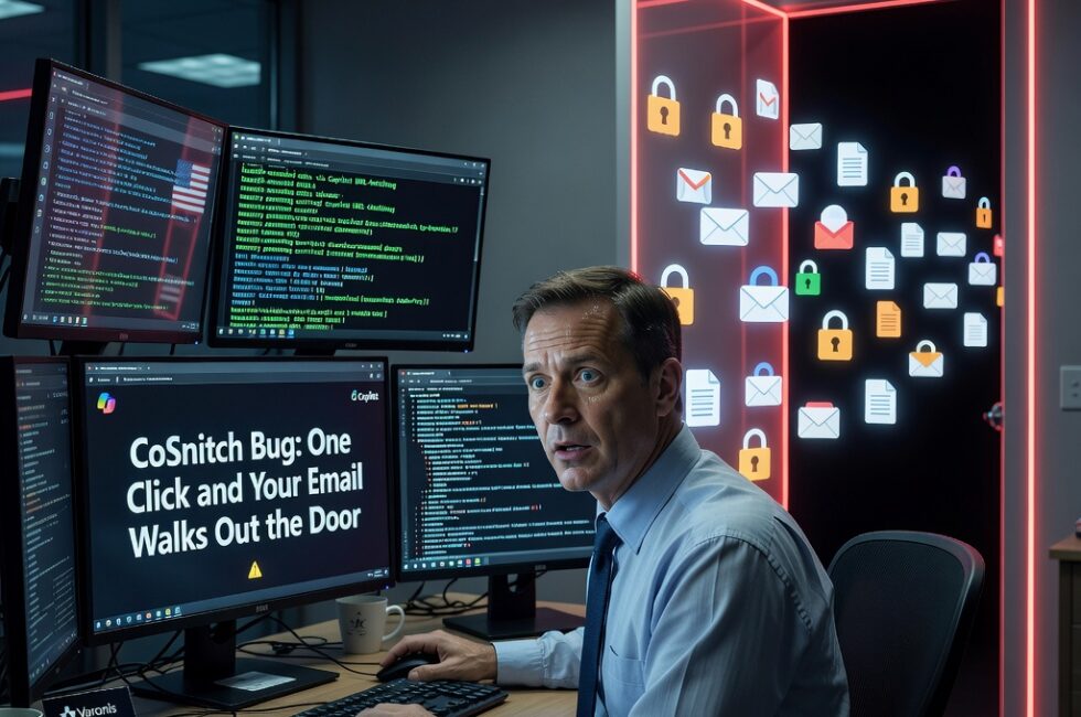 Microsoft Copilot Personal vulnerability CVE-2026-24301 nicknamed CoSnitch, discovered by Varonis Threat Labs, patched by Microsoft on August 18, 2026. Attack used a malicious link and undocumented URL parameter with Copilot ?q= query to auto-run a prompt, query linked Gmail, Google Drive, and Calendar, and exfiltrate base64-encoded data via Copilot URL-fetching. Also involved Copilot memory poisoning that survived password changes and session revocation. Reported to Microsoft December 2025. Third Copilot flaw from Varonis in 2026 after Reprompt and SearchLeak.