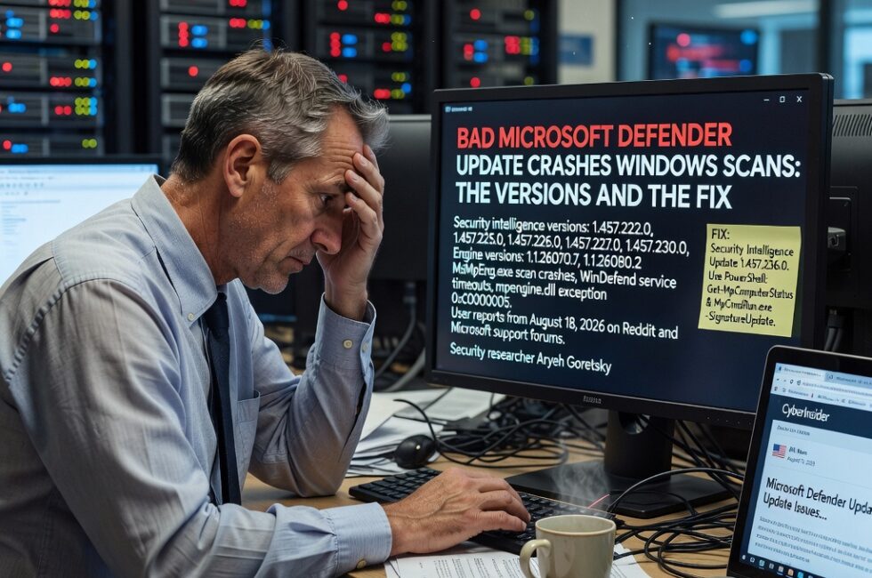 Microsoft Defender antivirus on Windows 10 and Windows 11 PCs and Microsoft Defender for Endpoint in enterprise environments. Security intelligence versions 1.457.222.0, 1.457.225.0, 1.457.226.0, 1.457.227.0, and 1.457.230.0 with engine versions 1.1.26070.7 and 1.1.26080.2. Scan crashes of MsMpEng.exe, WinDefend timeouts, and mpengine.dll exception 0xC0000005. User reports from August 18, 2026 on Reddit and Microsoft support forums. Security researcher Aryeh Goretsky. Fix reported with Security Intelligence Update 1.457.236.0. PowerShell Get-MpComputerStatus and MpCmdRun.exe signature update. CyberInsider article by Bill Mann dated August 19, 2026.