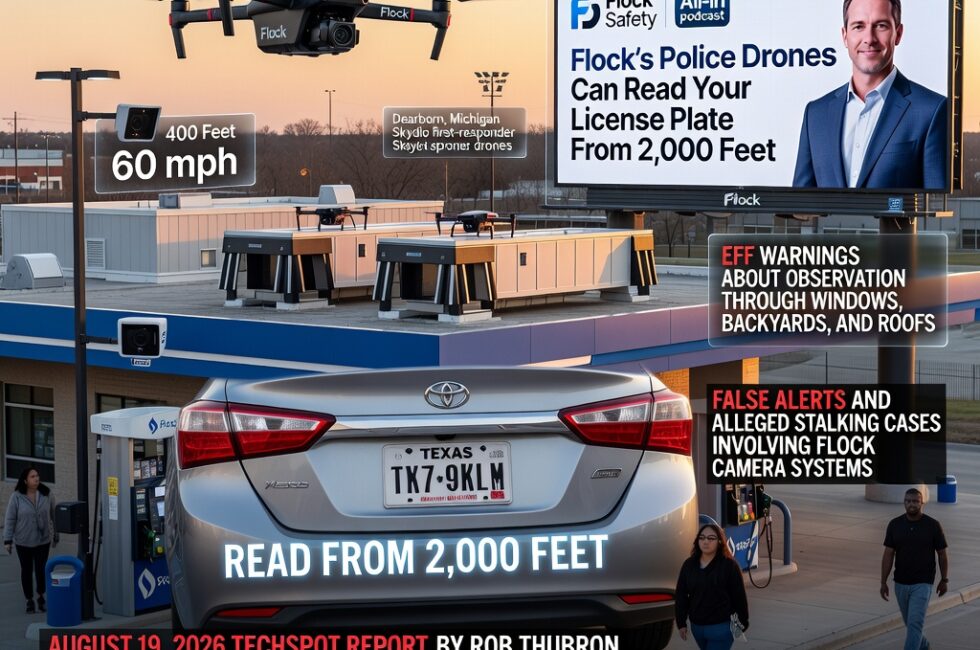 Flock Safety CEO Garrett Langley, All-In podcast interview. Flock Drone as First Responder (DFR) program. Flock Alpha drone: 400-foot altitude, 60 mph speed, 40x optical zoom, license plate reading from up to 2,000 feet. Climate-controlled rooftop docks on police precincts and fire departments. More than 200 DFR customers including police departments and private companies. US-designed drones to be built in Georgia. Average arrival 86 seconds, 20 percent of calls resolved without an officer. Dallas-Fort Worth gas station 911 call cited. Dearborn, Michigan Skydio first-responder drones. FAA waivers for more than 1,000 public safety agencies as of February. Electronic Frontier Foundation warnings about observation through windows, backyards, and roofs. Flock roadside cameras in more than 6,000 US communities. False alerts and alleged stalking cases involving Flock camera systems. August 19, 2026 TechSpot report by Rob Thubron.