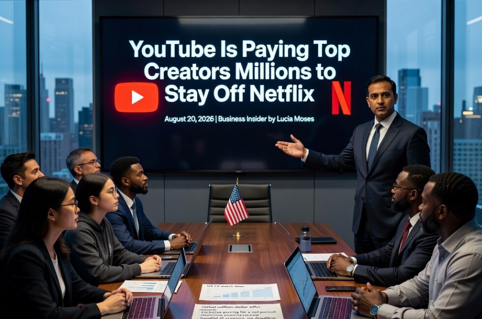 YouTube exclusivity talks with top video creators, August 20 2026 Business Insider reporting by Lucia Moses. YouTube CEO Neal Mohan. YouTube offering millions in payments for exclusive posting for a set period. Netflix licensing creator videos from Ms. Rachel and Salish Matter, previously on both Netflix and YouTube. Netflix 2026 video podcast deals with The Bill Simmons Podcast and The Breakfast Club, some requiring removal from YouTube. Bloomberg Lucas Shaw report August 19 2026. Verbal million-dollar offer, handful of creators, no deadline, marketing support and brand-deal perks at risk. US TV watch time, ad-revenue-split model, streaming competition between YouTube and Netflix.