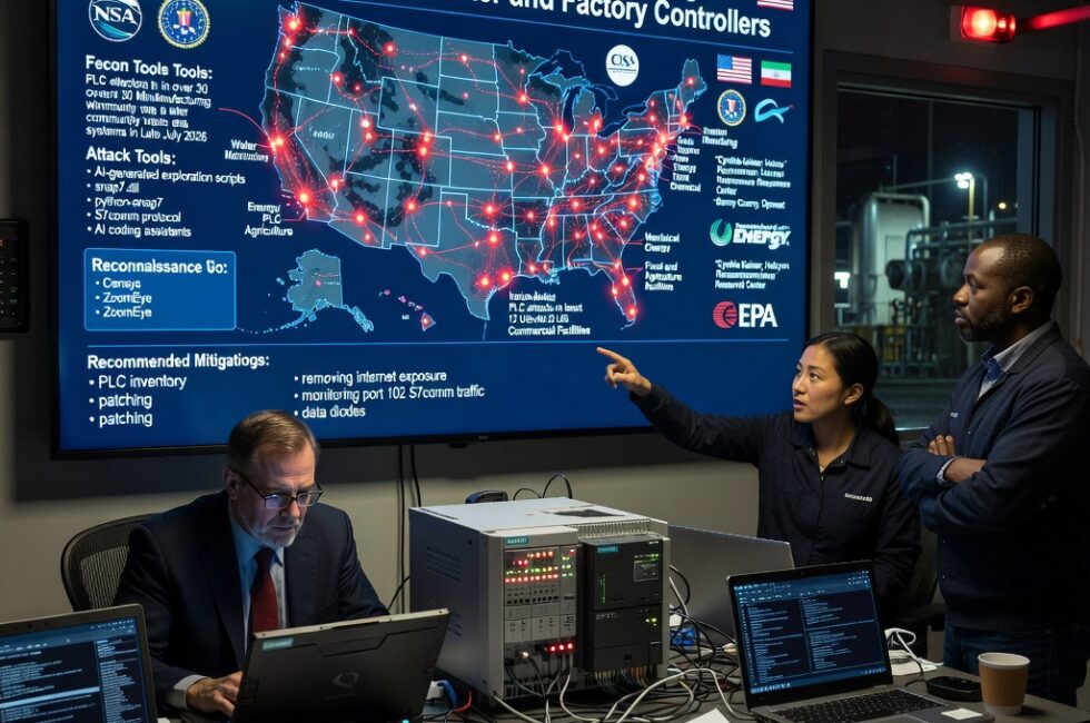 August 19, 2026 joint US advisory from NSA, CISA, FBI, Department of Energy, and EPA. Attackers using AI-generated exploitation scripts against internet-exposed Siemens S7 Series programmable logic controllers at water, manufacturing, energy, chemical, food and agriculture, and commercial facilities, with possible Defense Industrial Base targeting. Tools include snap7.dll, python-snap7, S7comm protocol, and AI coding assistants. Reconnaissance via Censys and ZoomEye. Suspected link to Iranian-linked PLC attacks on water and wastewater systems in at least 12 US states, including disruption of more than 30 Minnesota community water systems in late July 2026. Named commentators: Cynthia Kaiser of Halcyon Ransomware Research Center and Benny Czarny of Opswat. Recommended actions include PLC inventory, patching, removing internet exposure, monitoring port 102 S7comm traffic, and data diodes.