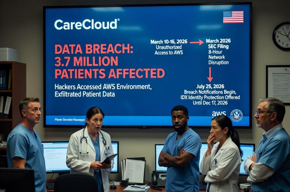 CareCloud, a U.S. publicly traded healthcare IT company providing electronic health records, medical billing, practice management, and revenue-cycle services, disclosed a data breach affecting 3,756,469 patients. An unauthorized third party accessed one of CareCloud's AWS environments between March 10 and March 16, 2026, and claimed to have exfiltrated data from databases. The incident was first disclosed in a March 2026 U.S. Securities and Exchange Commission filing after an 8-hour network disruption and loss of access to one database. CareCloud reported the figure to the U.S. Department of Health and Human Services. Breach notifications began July 25, 2026, offering IDX identity protection redeemable until December 17, 2026. Full names were confirmed exposed. Coverage by Bill Toulas for BleepingComputer on August 19, 2026.