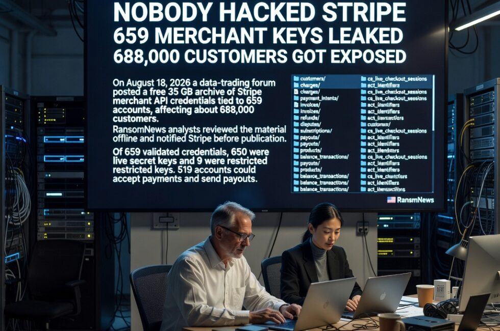 On August 18, 2026 a data-trading forum posted a free 35 GB archive of Stripe merchant API credentials tied to 659 accounts, affecting about 688,000 customers. RansomNews analysts reviewed the material offline and notified Stripe before publication. Of 659 validated credentials, 650 were live secret keys and 9 were restricted keys. 519 accounts could accept payments and send payouts. Folders held up to 27 Stripe resource types including customers, charges, payment intents, invoices, refunds, disputes, subscriptions, payouts, products, and balance transactions. Data matched Stripe object formats such as cs_live_ checkout sessions and acct_ identifiers. Stripe systems were not breached. Keys were likely obtained from infostealer logs, public code repositories, exposed environment files, or poorly protected backups. The forum listing falsely claimed Stripe itself was hacked.