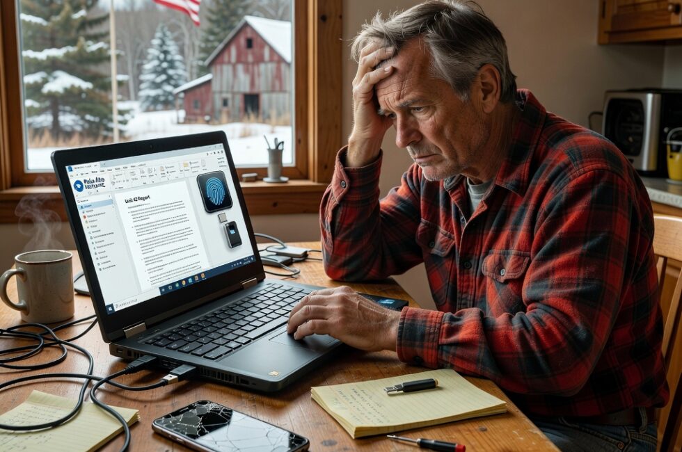 Mid-50s rural Maine man at kitchen table with laptop, Palo Alto Networks Unit 42 report on screen, fingerprint scanner icon, hardware security key, broken smartphone, login screen error message, simple home office setting