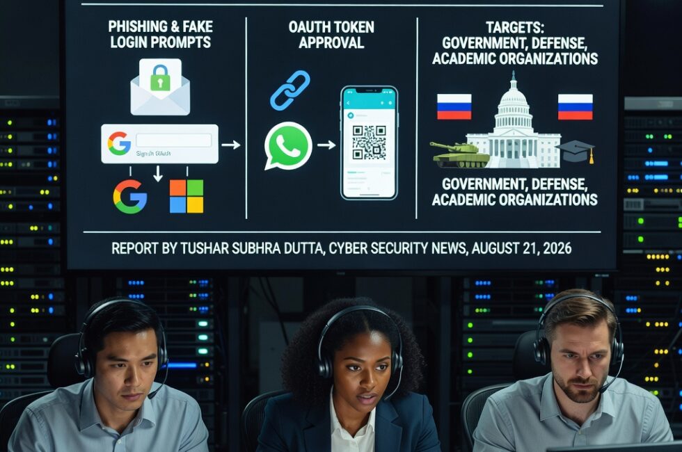 Russian-linked hackers, phishing, OAuth sign-in flows, WhatsApp device linking, QR codes, account hijacking. Targets: government, defense, and academic organizations. Key actions: fake login prompts, OAuth token approval, linking attacker devices to WhatsApp. Report by Tushar Subhra Dutta, Cyber Security News, August 21, 2026.