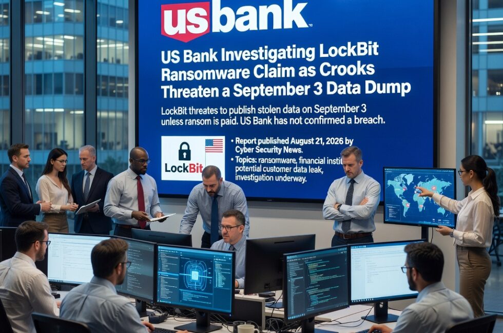 US Bank investigating a data breach claim by the LockBit ransomware group. LockBit threatened to publish stolen data on September 3 unless a ransom is paid. US Bank has not confirmed a breach. Report published August 21, 2026 by Cyber Security News. Topics: ransomware, financial institution, potential customer data leak, investigation underway.