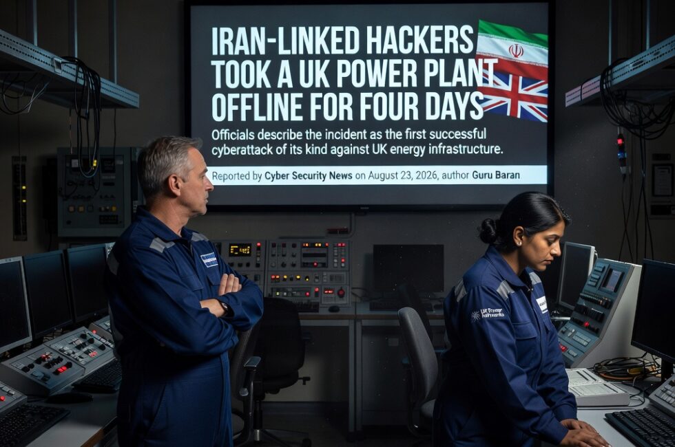 Iran-linked hackers force a British power plant in the United Kingdom offline for four consecutive days in July 2026. Officials describe the incident as the first successful cyberattack of its kind against UK energy infrastructure. Reported by Cyber Security News on August 23, 2026, author Guru Baran. Key subjects: Iran-linked threat actors, UK energy infrastructure, power plant outage, cyberattack attribution, critical infrastructure.