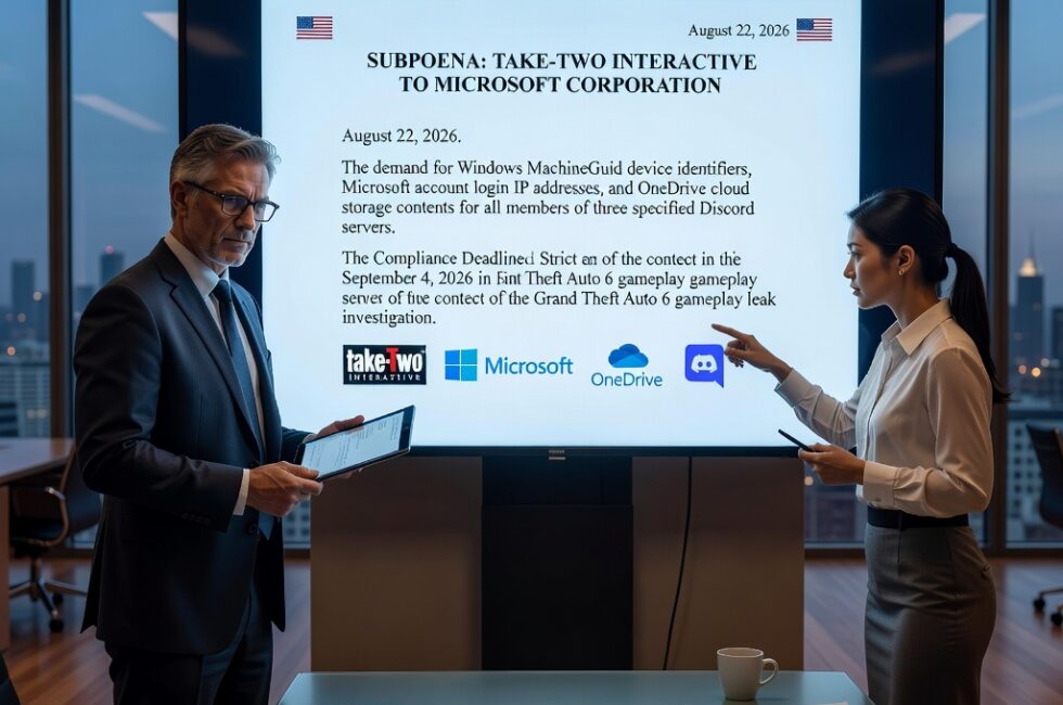 Take-Two Interactive subpoena to Microsoft dated around August 22, 2026, seeking Windows MachineGuid device identifiers, Microsoft account login IP addresses, and OneDrive cloud storage contents for all members of three Discord servers by September 4, 2026, in a Grand Theft Auto 6 gameplay leak investigation. Companies and products involved: Take-Two, Microsoft, Windows, OneDrive, Discord, GTA 6. Key actions: legal demand for device IDs and cloud files after daily unreleased gameplay leaks. Author of the source report: Luke James, Tom's Hardware.