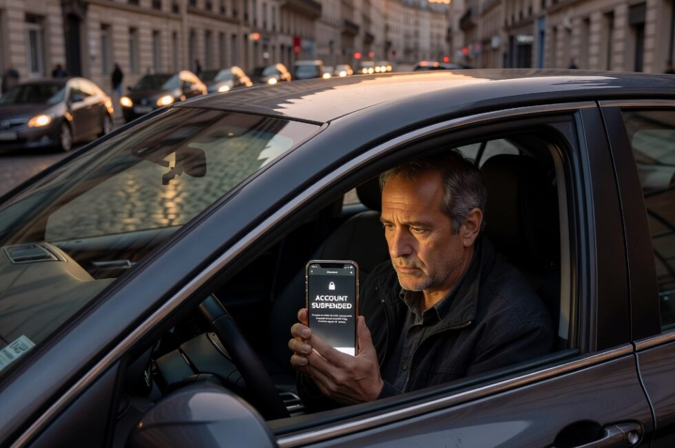 Middle-aged rideshare driver in casual clothes sitting in the driver's seat of a parked civilian sedan on a European city street at dusk in August 2026, holding a smartphone with a darkened locked ride-hailing account screen, looking worried, urban buildings and evening traffic in the background, automated platform account suspension scene, no readable text, logos, watermarks, or captions in the image