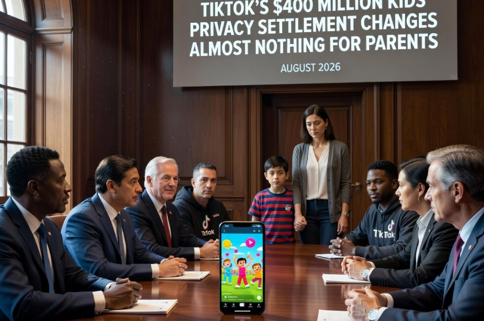 A formal settlement meeting in a US government building in Washington, federal officials and TikTok company representatives at a conference table, a smartphone showing a short-form video social app, a parent standing beside a school-age child in the background, August 2026, children's online privacy case resolution, photorealistic, no readable text, no logos, no watermarks, no captions