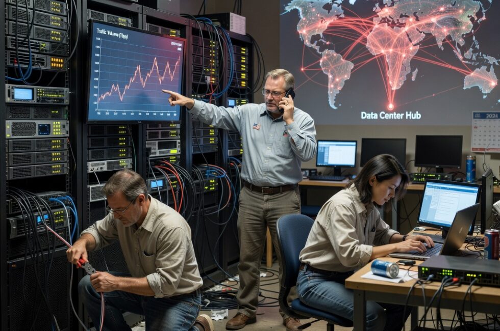Network infrastructure with data centers under attack, traffic spike graphs showing over 1 Tbps DDoS, security alerts, 2024 timeframe, no people visible
