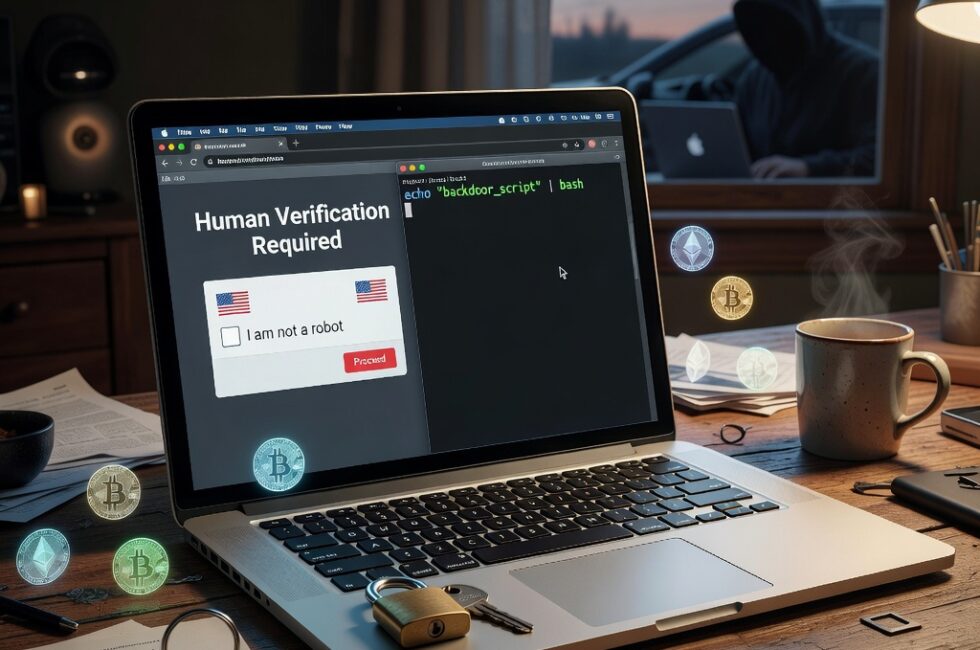 A silver MacBook on a wooden home office desk with a web browser verification dialog and a dark macOS Terminal window open side by side, a metal lock and house keys next to the laptop, faint glowing cryptocurrency coins near the chassis vents, a distant shadowy figure suggesting remote access, warm indoor lighting in a rural home setting, late August 2026, photorealistic documentary style