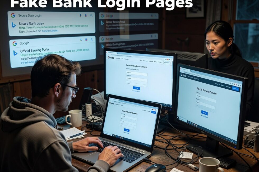 A person at a wooden home desk entering credentials on a laptop showing a banking-style login form. Nearby search result listings appear altered. A second operator at another workstation uses multiple monitors to present a clean website to crawlers and a fake bank page to visitors. Visual theme of cloaked phishing, password theft, and session hijacking in a rural indoor setting. No readable text, logos, watermarks, or captions.