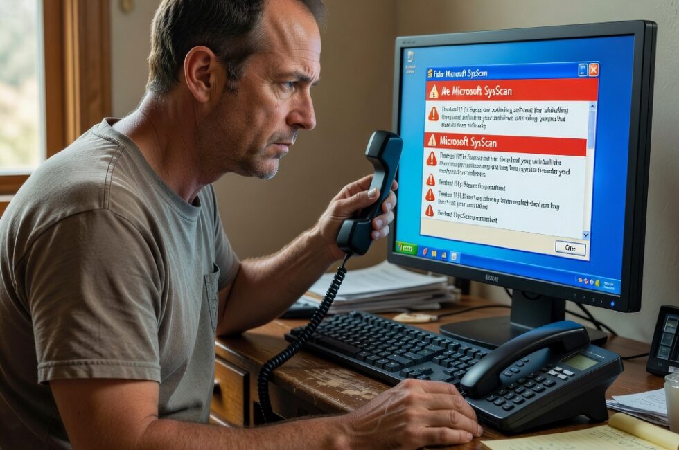 A concerned adult sitting at a wooden home desk in a modest American house, facing a desktop Windows PC with a blue official-looking security scan window and red warning highlights. A landline phone sits off the hook beside a notepad. Soft daylight from a side window, photorealistic, August 2026. No readable text, no lettering, no watermarks, no captions.