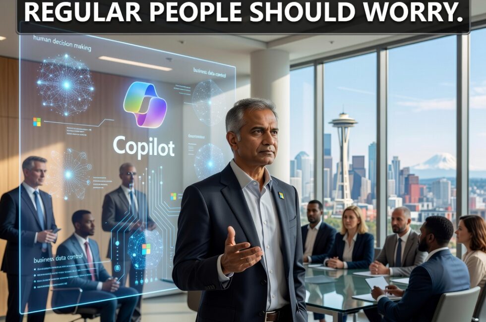 Microsoft CEO Satya Nadella in a modern corporate office in August 2026, professional executive setting, Microsoft Copilot AI assistant concept nearby, themes of artificial intelligence models, human decision making, and business data control, no visible text