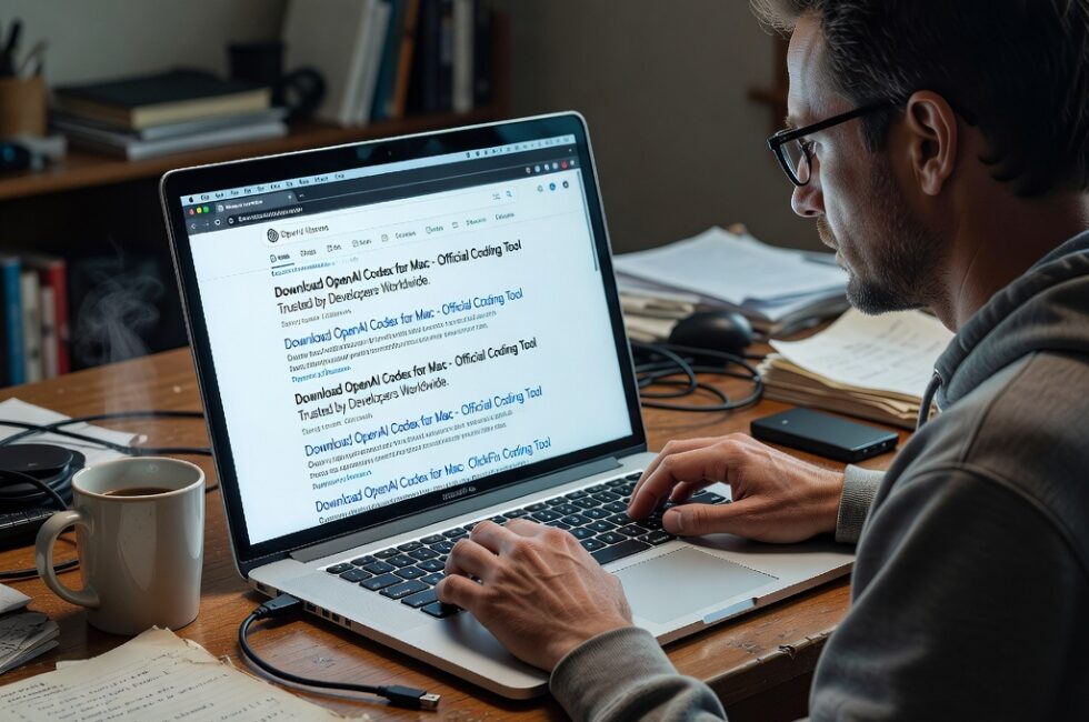A software developer in a home office in August 2026 sits at a wooden desk using a silver Mac laptop. The person views a search engine results screen with sponsored advertisement listings impersonating OpenAI Codex coding assistant software. The scene relates to ClickFix malware social engineering targeting Mac developers. Coffee mug, notebooks, and electronics on the desk. Neutral documentary lighting. No logos, captions, watermarks, or readable text in the image.