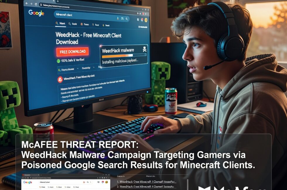 A teenage Minecraft player at a home desk in August 2026 looking at a computer monitor showing Google search results for a Minecraft client. A fake Minecraft client website with a free download button on screen. Malware being delivered through a deceptive installer. McAfee analysts reviewing poisoned search listings and fake download pages. Google search, Minecraft client software, WeedHack malware campaign targeting gamers.