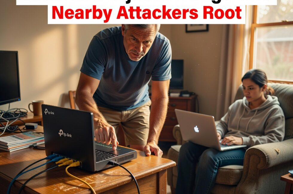 A TP-Link Archer home Wi-Fi router on a wooden desk in a suburban house in late August 2026, Ethernet cables plugged into the back ports, a home user standing close to the router, a second person seated nearby with a laptop within wireless range, consumer networking equipment, warm indoor residential lighting, no readable text in the scene