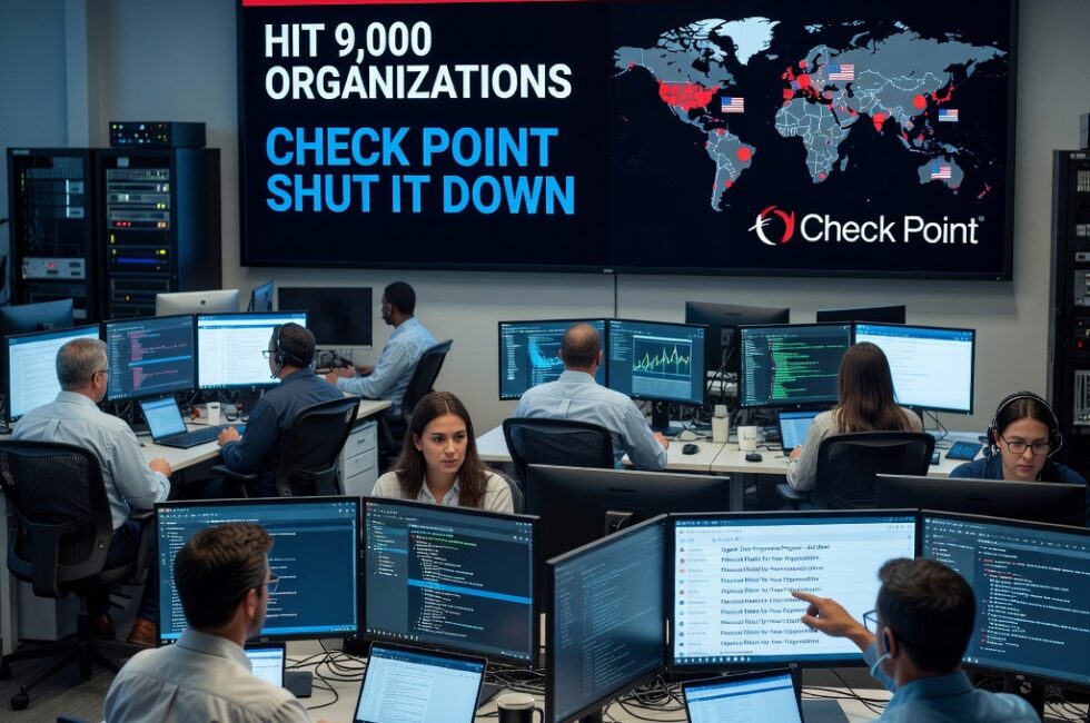 Cybersecurity analysts in an operations center in August 2026 monitoring workplace email dashboards as a large-scale phishing campaign built around fraudulent debt-relief and financial hardship offers is intercepted, IT staff at workstations reviewing blocked message queues on multiple monitors, thousands of organizations affected, office setting with laptops and server equipment