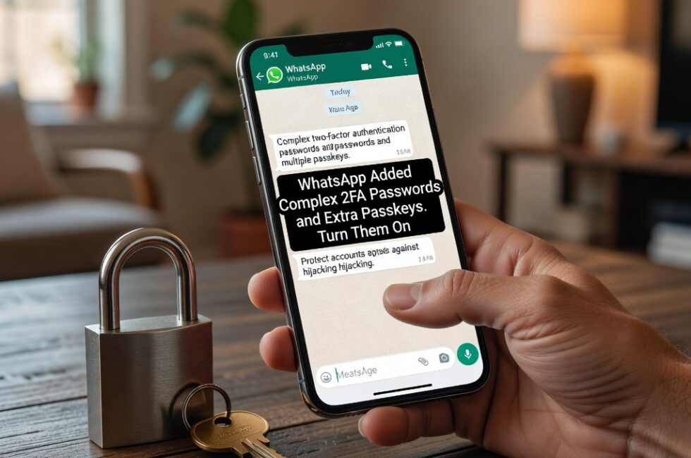 Adult hands holding a smartphone displaying the WhatsApp messaging app chat interface, a padlock and key on a wooden table beside the phone indicating two-factor authentication, complex passwords, and multiple passkeys for account protection against hijacking, indoor residential setting, August 2026