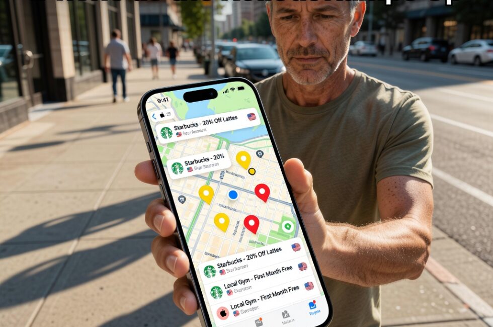 A person standing outdoors in late summer daylight holding an iPhone, Apple Maps open on the screen with highlighted business listings and promotional map markers on a city navigation view, Apple smartphone hardware, late August 2026, consumer using location and mapping technology