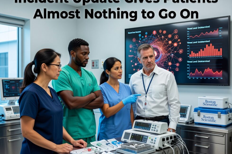 Hospital clinicians and an information security specialist stand beside a stainless steel procedure cart holding cardiac catheters, a structural heart valve tray, and networked medical consoles in a modern United States hospital procedure room, abstract cybersecurity status graphics on a wall monitor with no readable characters, Boston Scientific equipment cases on a nearby counter, daytime clinical lighting